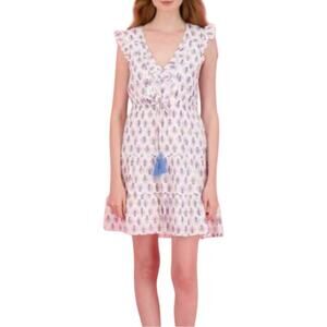 Mer St. Barth Giselle White Printed Flutter Sleeve V-Neck Tier Mini Dress MEDIUM